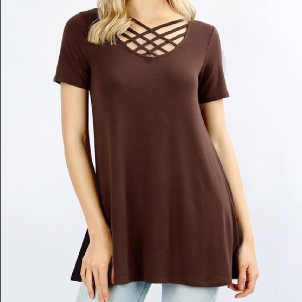Zenana Short Sleeve Triple Criss Cross Top
